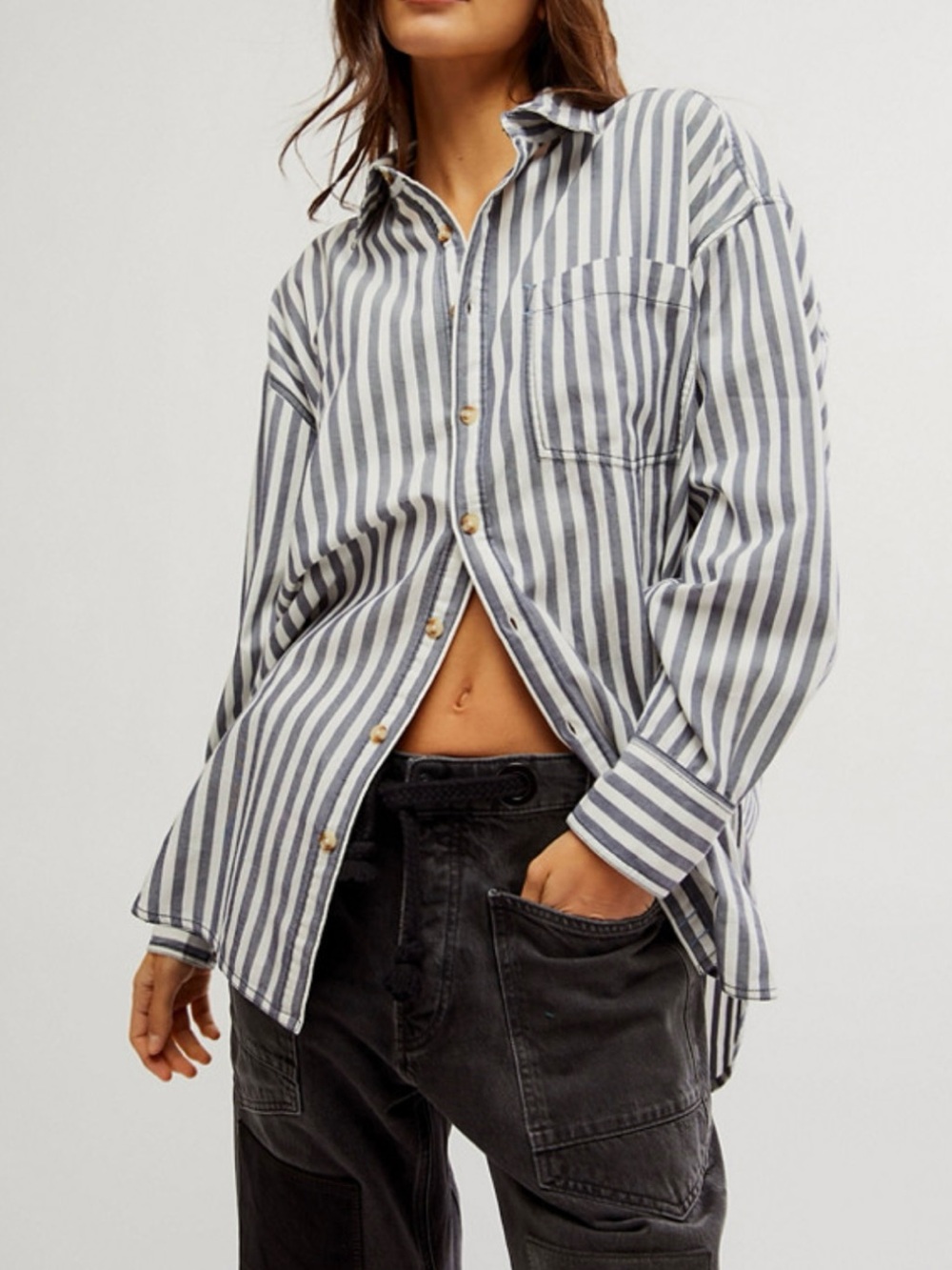 Free People We The Free Freddy Stripe Shirt Size Medium RT $128 Navy